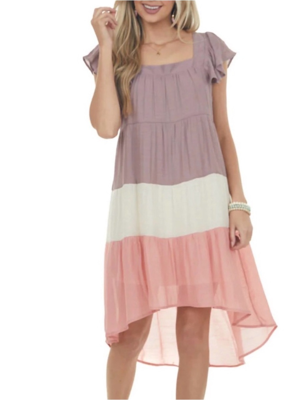 Umgee Colorblock High-Low Tiered Dress - Lavender, Cream & Pink